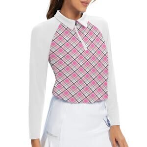 NWT Soneven Pink plaid golf Tennis Long Sleeve Polo Shirt Medium M